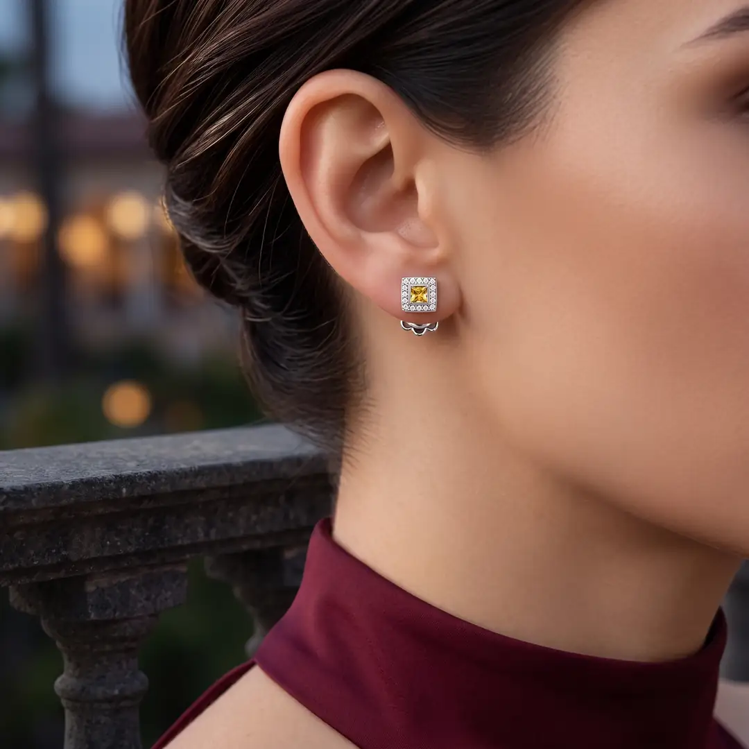 Pırlantalı Sarı Safir Küpe 0.42 Karat 2